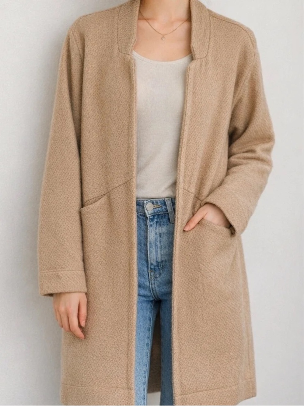 Express Light Tan Knit Open Front Coat